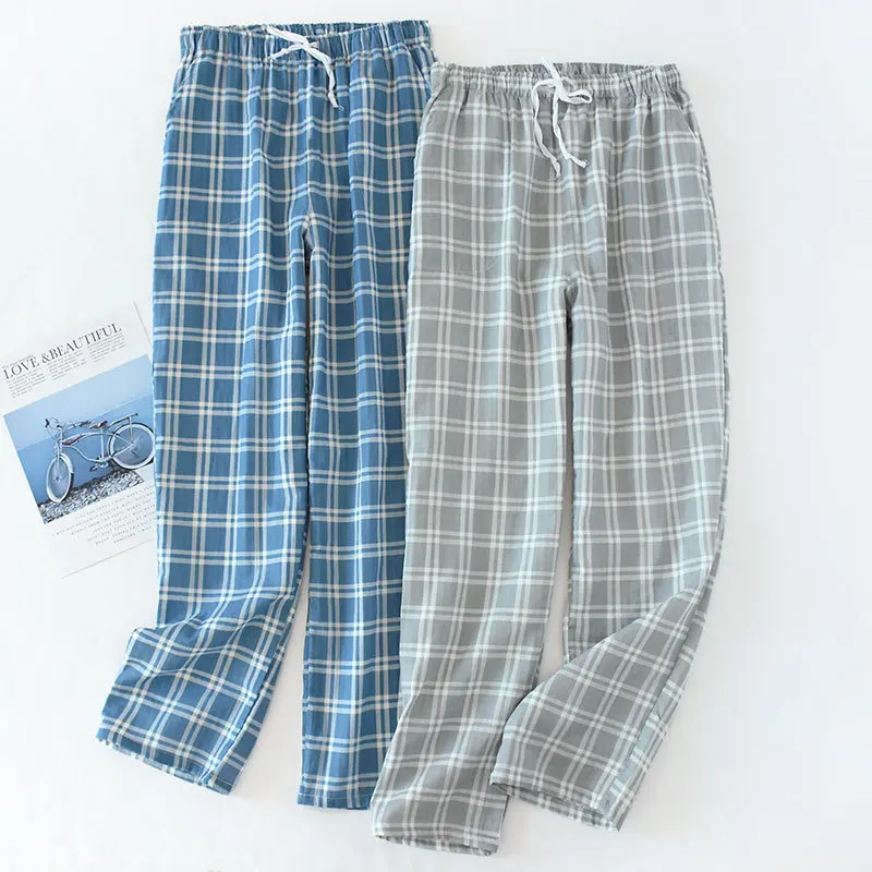 Men's Cotton Gauze Trousers Plaid Knitted Sleep Pants Woman Pajamas Pants Bottoms Sleepwear Short for Couples Pijama Hombre