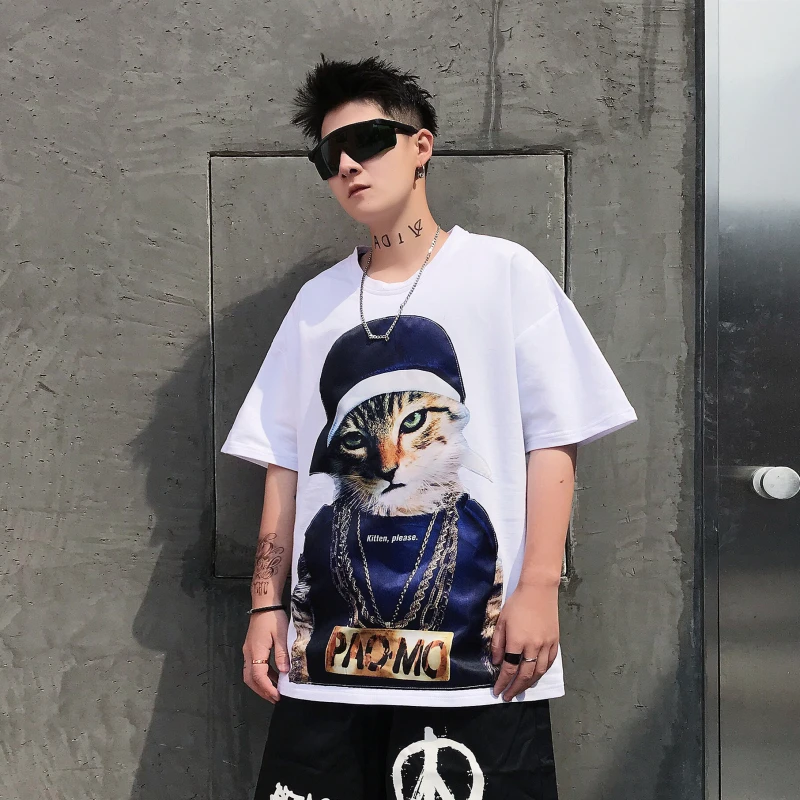 Liketkit летняя мужская футболка в стиле хип-хоп с рисунком кота Харадзюку хлопок