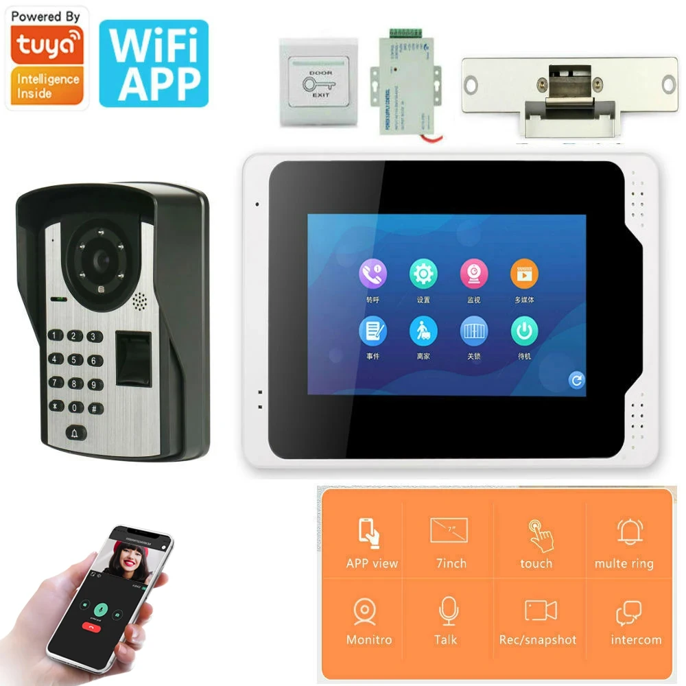 Tuya APP Control 7 Inch Monitor Wifi Wireless Video Door Phone Doorbell Intercom Fingerprint Password IR Camera KIT