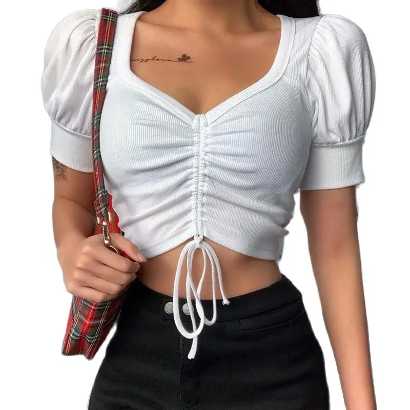 

2021 Spring Women's Sexy Knitted Cotton Short-sleeved T-shirt Summer Fashion Pullover Short Top Solid Color Top T-shirt Women