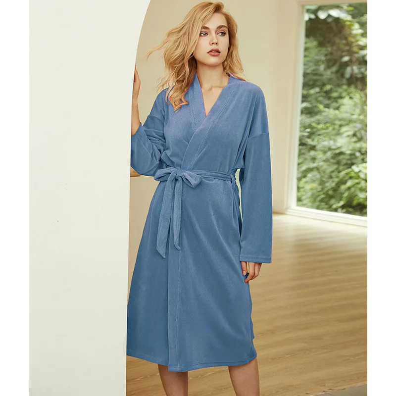 

HAOOHU 2020 winter new women's robe fashion casual solid long sleeve v-neck slim cardigan robe elegan home clothes sleepwear