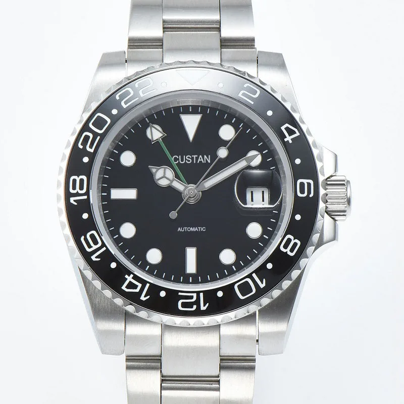 Мужские часы GMT двусторонние вращающиеся полностью Черные Керамические Безель