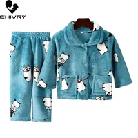 new 2021 kids boys girls autumn winter flannel warm pajama sets cartoon print lapel tops with pants sleeping clothing sets