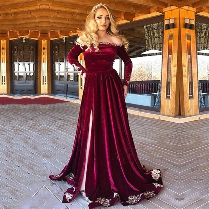

Off Shoulder Burgundy Velour Long Sleeve Evening Dresse Side Slit Robe de soiree Islamic Dubai Saudi Arabic Abaya Prom Dress