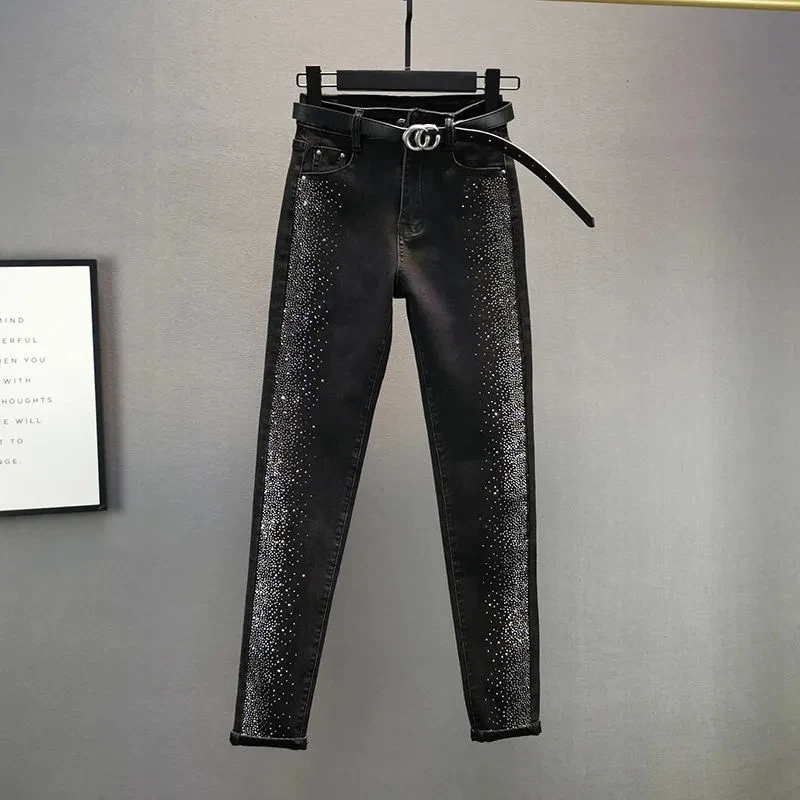 

Женские узкие джинсы со стразами, винтажные черные джинсы до щиколотки с высокой талией в уличном стиле, весна-осень 2022