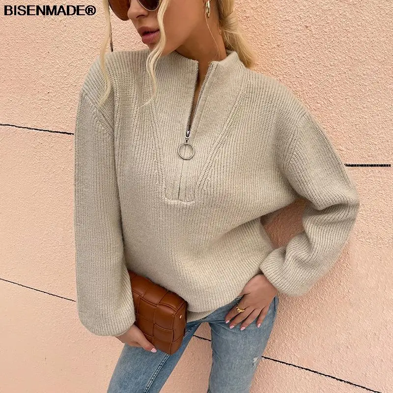 

Женский трикотажный джемпер на молнии, Однотонный свитер с ложным воротником и рукавами-фонариками, Осень-зима 2021