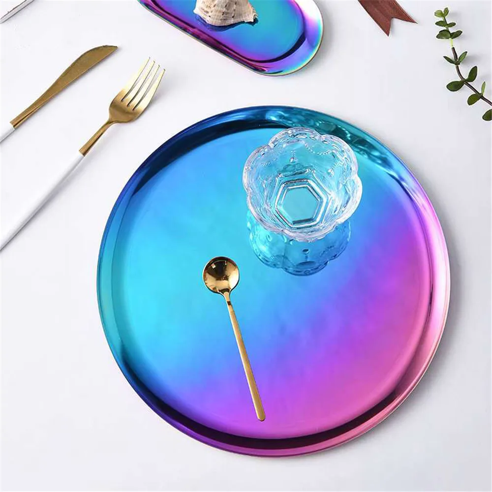 Цветной Овальный металлический поднос для хранения круглый стол десертный