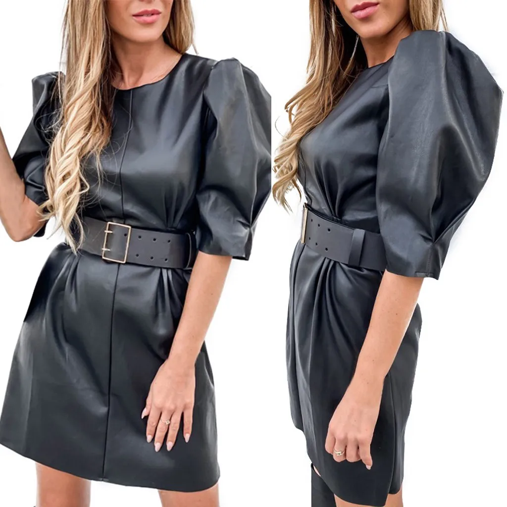 Женское платье с пышными рукавами повседневное пикантное кожаное большого