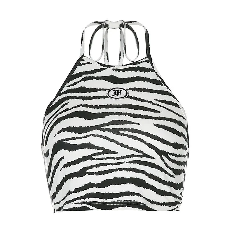 

Camis Women Halter Lace Up Zebra Striped Print Tank Top Summer Fashion Party Clubwear Vest Female Slim Short Camisole Tops