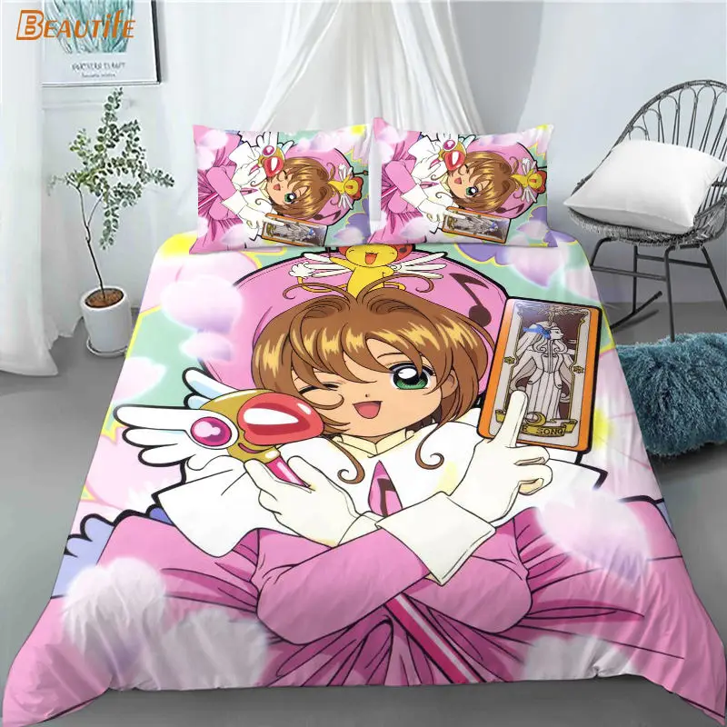 Funda de edred&oacute;n personalizada Sakura Cardcaptor Anime 1, 2 fundas de almohada, juego de ropa de cama de tela de poli&eacute;ster, conjunto de edred&oacute;n para Familia y Chico-2