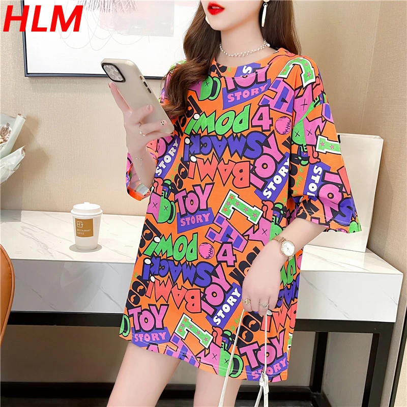 

HLM 2021 T-shirts Women Short Sleeve Graffiti Letter Korean Style Oversized T-Shirts Harajuku Hip Hop Student Loose Tops