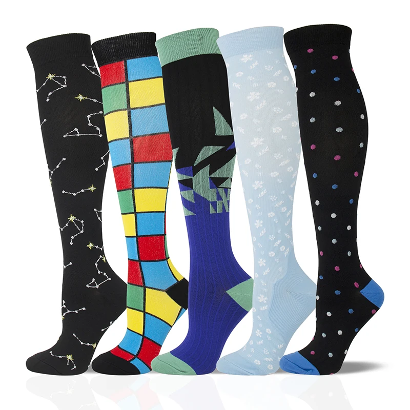 

New Compression Stockings Constellation Triangle Geometric Colorful Dots Tetris Snowflake Varicose Veins Decompression
