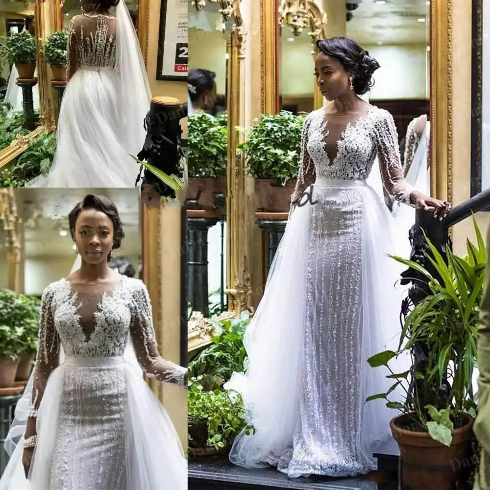 

Nigerian Mermaid Wedding Dresses Long Sleeves Beaded Tulle Custom Made Wedding Gown Bridal Dresses 2020