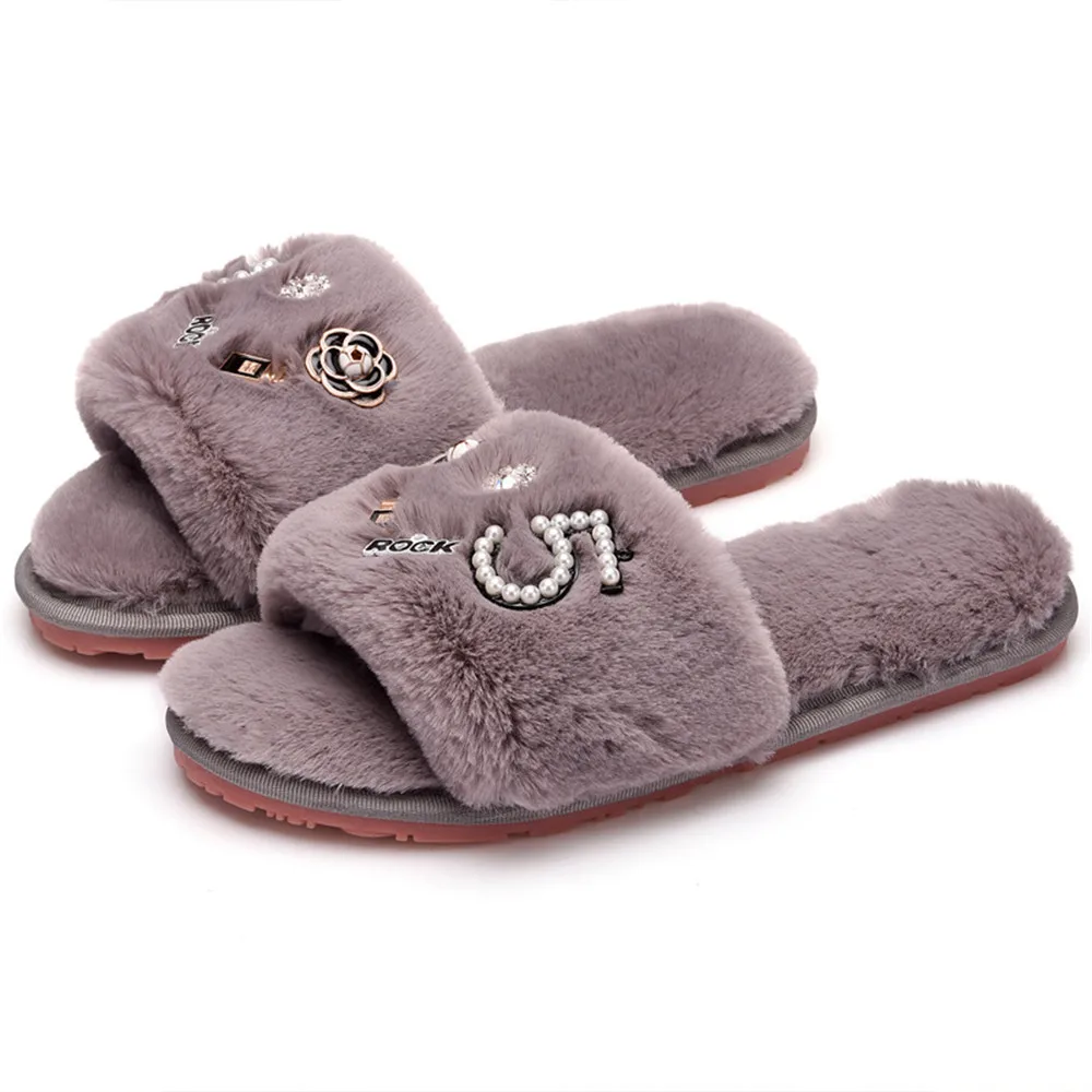 Парфюмерные меховые тапочки с цветами женские плюшевые шлепанцы жемчуг камелии