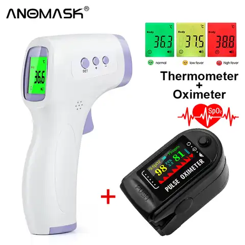 Бесконтактный инфракрасный термометр для детей и взрослых, цифровой пистолет для измерения температуры + SPO2, медицинский Пульсоксиметр на ...