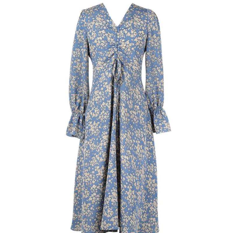 

2021 Early Autumn New Fashion Pastoral Style Classic Gentle Dresses for Woman Soft Chiffon V-neck Asymmetrical Dresses for Daily