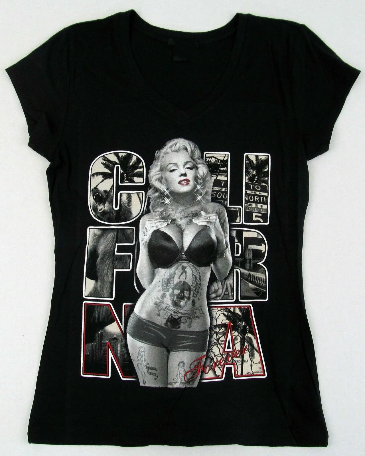 

Футболка с V-образным вырезом, Мэрилин Монро, Калифорния, татуировка, женская футболка для подростков, цвет черный