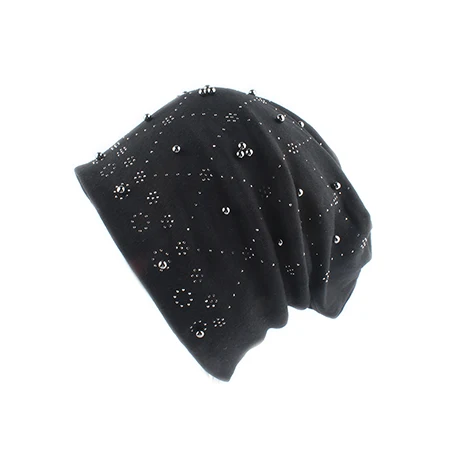 Модная однотонная женская шапка Skullies Beanies с жемчугом и стразами, зимняя женская шапка, осенняя вязаная шапка из мягкого хлопка - Цвет: Черный