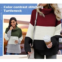 fashion women turtleneck sweater autumn winter loose knit pullover patchwork long sleeve sweater stripes color block sweater