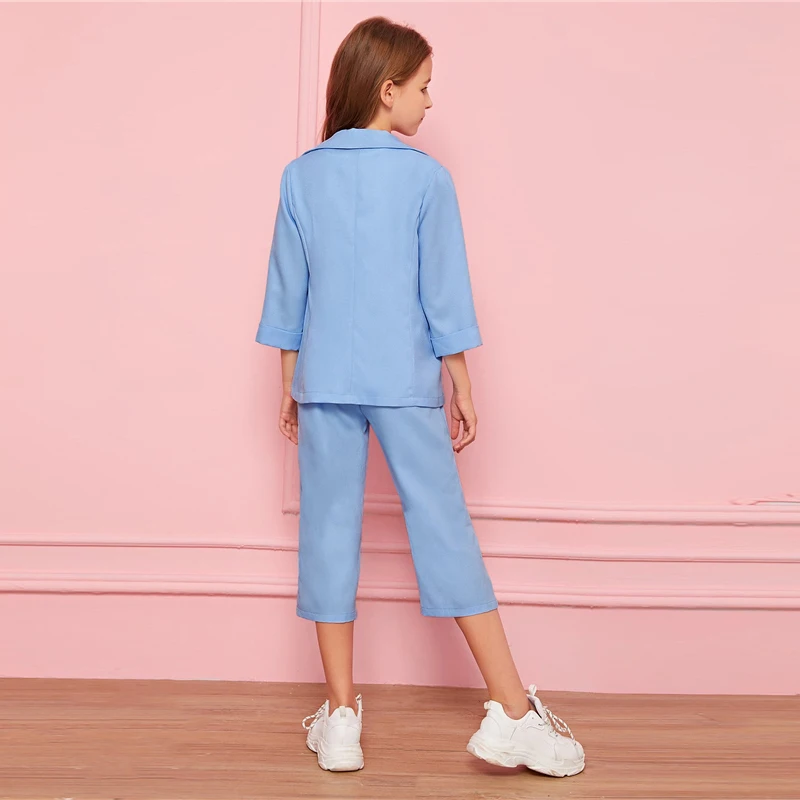 SHEIN/Детский комплект из блейзера и штанов для девочек пастельного синего цвета с воротником-тупым вырезом, Детские комплекты г. Осенняя повседневная одежда с длинными рукавами 3/4