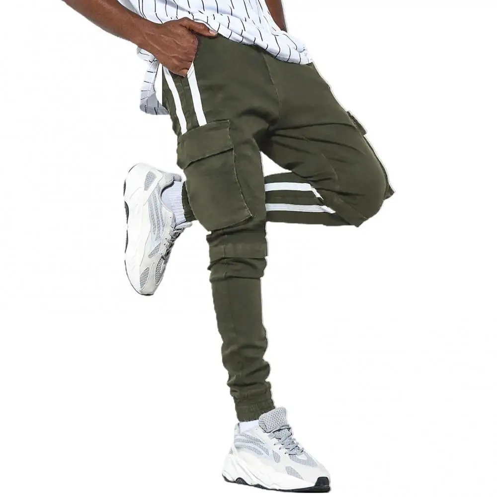 

70% Hot Sale Men Stripes Patchwork Multi Pocket Ankle Tied Sports Cargo Pants Long Trousers