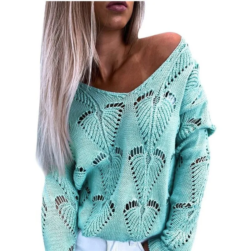 

Sweaters Fashion Women Autumn Winter Hollow Out Design See Throough V-Neck Long Sleeve Solid Color Casual Loose Knitted Top