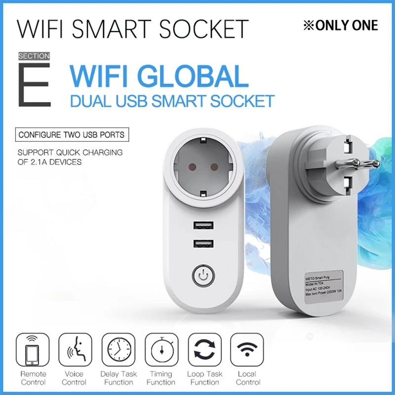 

2-Port USB Wifi Smart Socket, with Timer Remote Control Wireless Voice Function, Support Fast Charging EU Plug