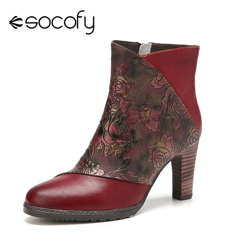 

SOCOFY Women's Boots Vintage Flowers Embossed Genuine Leather Solid Color Splicing Comfy Wearable Zipper High Heel Short Boots