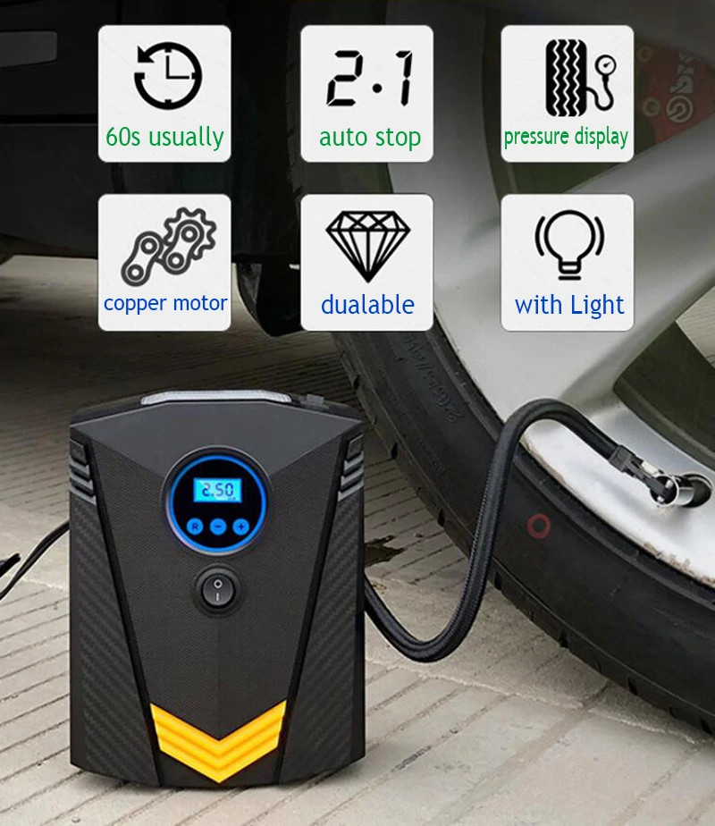(with Box) Digital Car Tire Inflatable Pump illumination Auto Air Compressor for Cars Wheel Tires Electric 12V Tyre Inflator | Автомобили