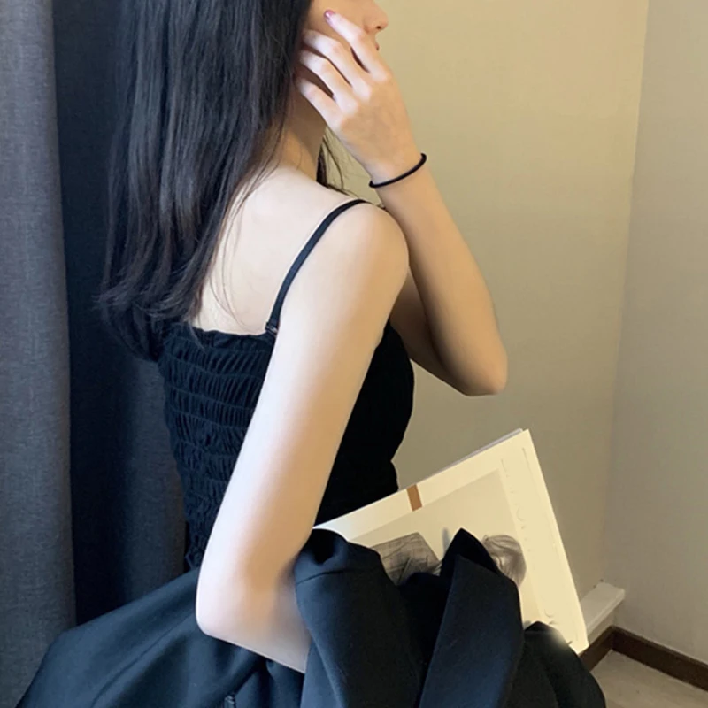 

Ladies Cotton Crop Tops Female Tube Tops Simple Spaghetti Camis Padded Tops Casual Solid Underwear Pleated Tops For Women