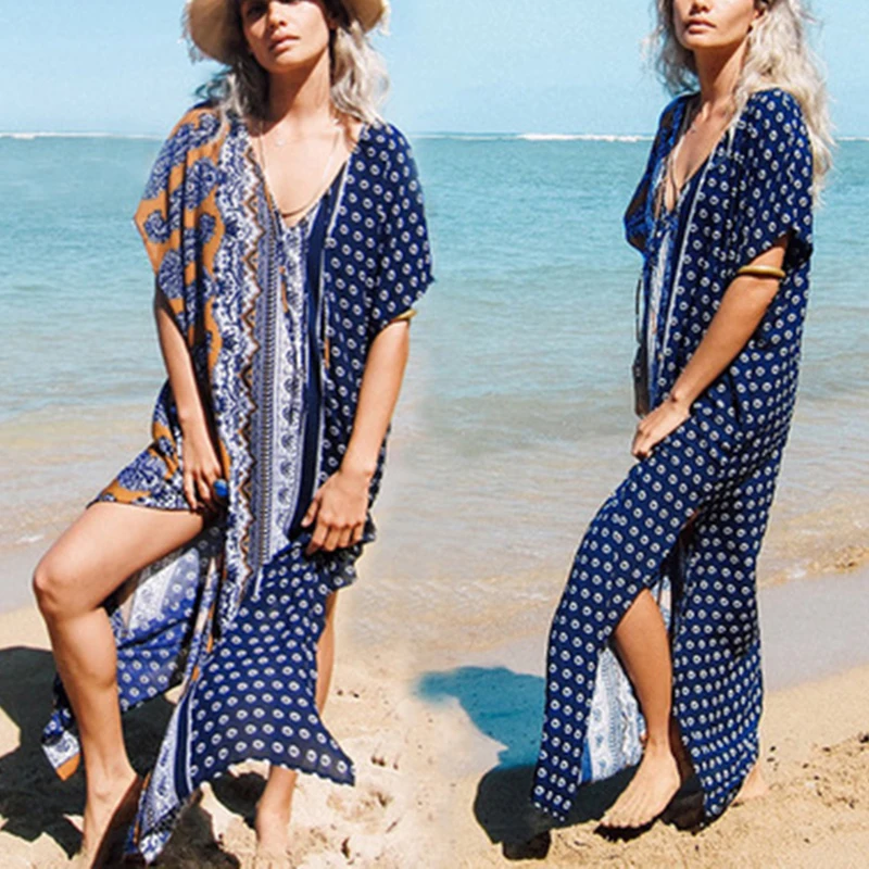 2019 сексуальное пляжное платье с зеленым принтом накидка Пляжное шифоновое