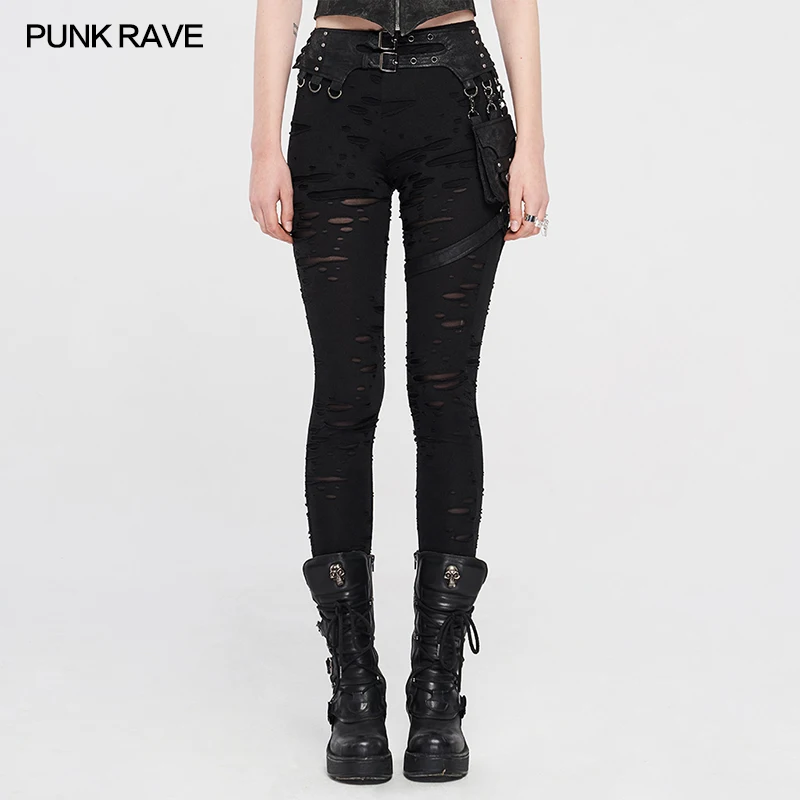 PUNK RAVE Women's Punk Black Adjustable High Waist Trousers Detachable Waist Bag Broken Hole Knit Leggings detachable  leggings