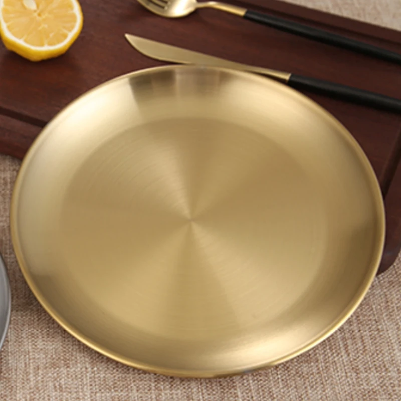Утолщенный круглый поднос из нержавеющей стали для кафе фруктов тортов стейков