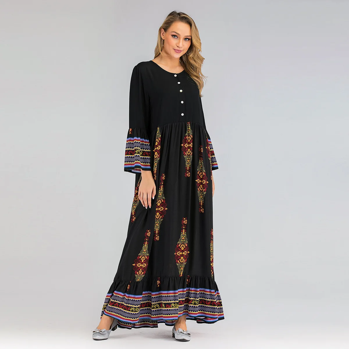 Clothes For Muslim Women Popular Element Design Flared Sleeves Empire Waist Women Islamic Clothing Ropa Islamica Mujer Cm137