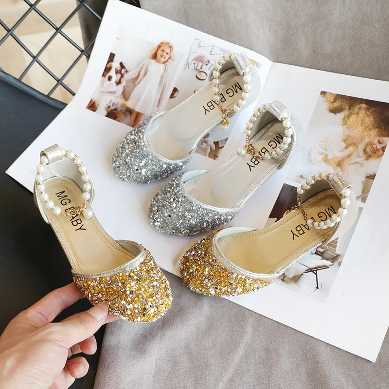 Детские блестящие сандалии на высоком каблуке для девочек детские с кристаллами