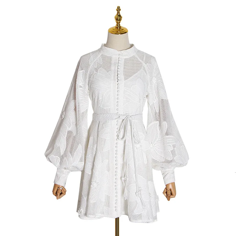 

Sweet wind summer new lantern sleeve solid color lace crochet hollow single-breasted temperament waist dress