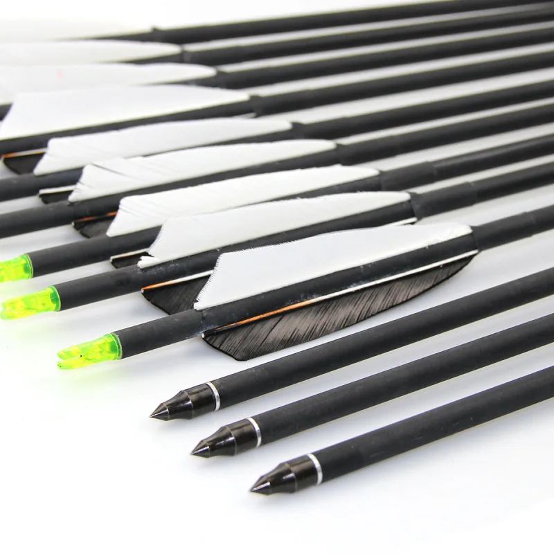 

12 Pcs Mixed Carbon Real Feather Arrow Shooting Equipment Traditional Hunting Recurve Compound Bow Competition Practice Arrows