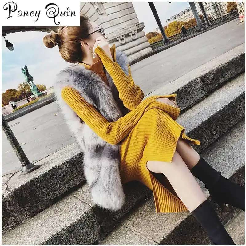 Женское платье свитер с разрезом сбоку длинное облегающее высоким воротником и