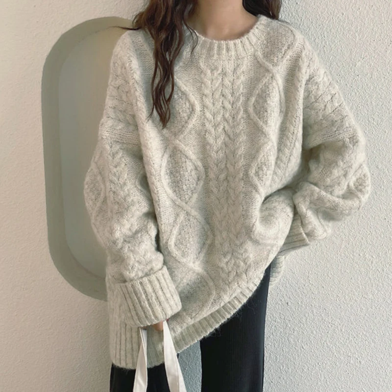 

Модный вязаный женский свитер с косами, серый свитер в Корейском стиле с круглым вырезом и длинными рукавами, Женский Осенний Свободный Пов...