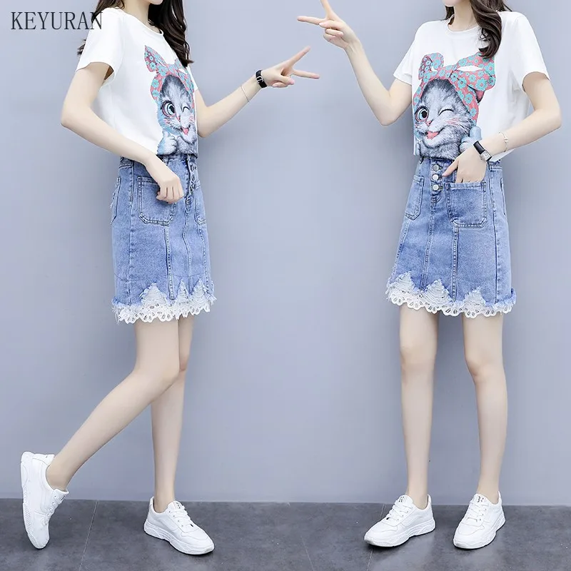 Комплекты джинсовой юбки женские летние футболки с коротким рукавом и принтом