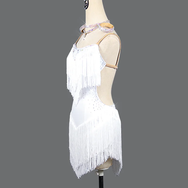 Платье для латиноамериканских танцев блестящее белое платье с бахромой