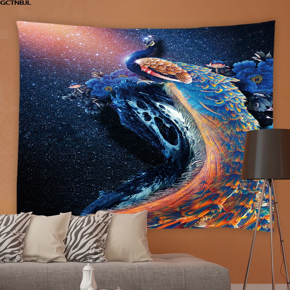 Tapiz colgante de pared de pavo real azul, hermoso p&aacute;jaro y flor, artista, hogar, sala de estar, dormitorio, fondo, pa&ntilde;o de cabecera-2