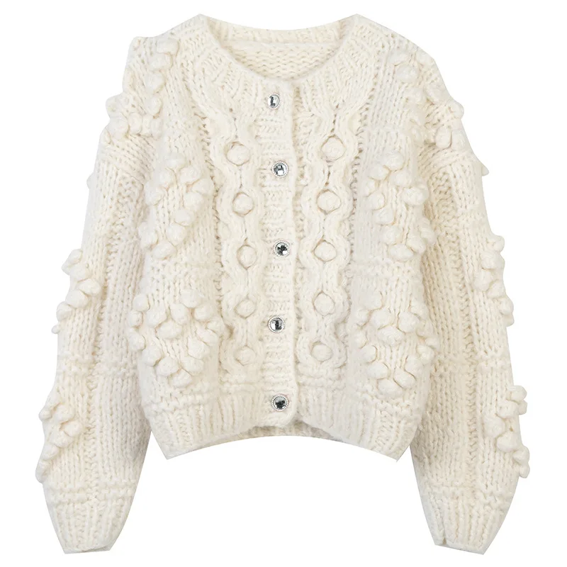 

2021 Fall Winter Thicken Knitted Cardigan Women Casual O-Neck Solid White Cropped Cardigan Sweater for Women