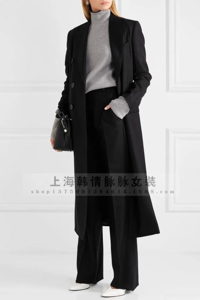 Fashion Solid Long Wool Coat Slim Office Lady Wool Blend Coat and Jacket Double Breasted Women Coats Autumn Winter