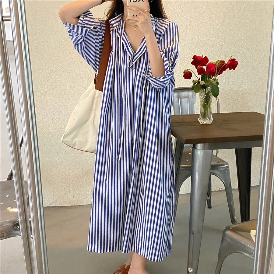 

Autumn New Wrist Sleeve Woman Dress 2021 Fashion Striped Loose V Neck Dresses Midi Long Shirt Dress YOU836