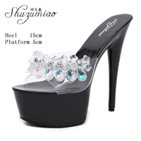 rhinestone outside slippers stripper show super high heels womens shoes party club 15 cm solid color platform high heeled shoes
