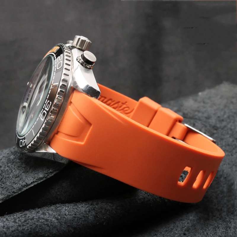 MERJUST 20mm 22mm Orange Black Rubber Strap Waterproof Diving Curved End Watchband for Omega Seamaster Planet Ocean Speedmaster