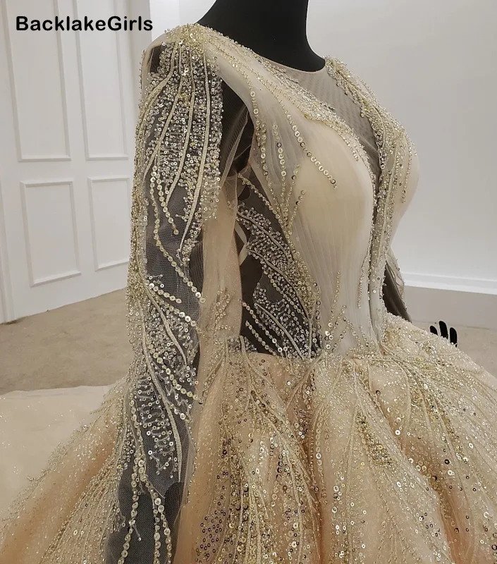 BacklakeGirls African Wedding Dresses Sexy V Neck Sheer Long Sleeve Big Tailing Princess Luxury Dress 2020 Robe De Bal | Свадьбы и