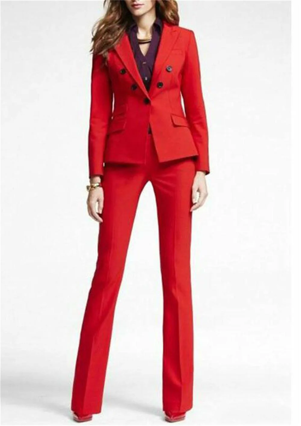 Ladies Double-breasted Notch Lapel Business Formal Pants Set Women's Full Sleeve Jacket + Pants 2-piece Suit Women's Pantsuit Pl