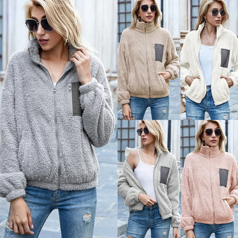 

Autumn Winter Women's Fashion Plush Double-sided Fleece Cardigan Jacket Loose Color-blocking Zip Sweater Casual Outerwear